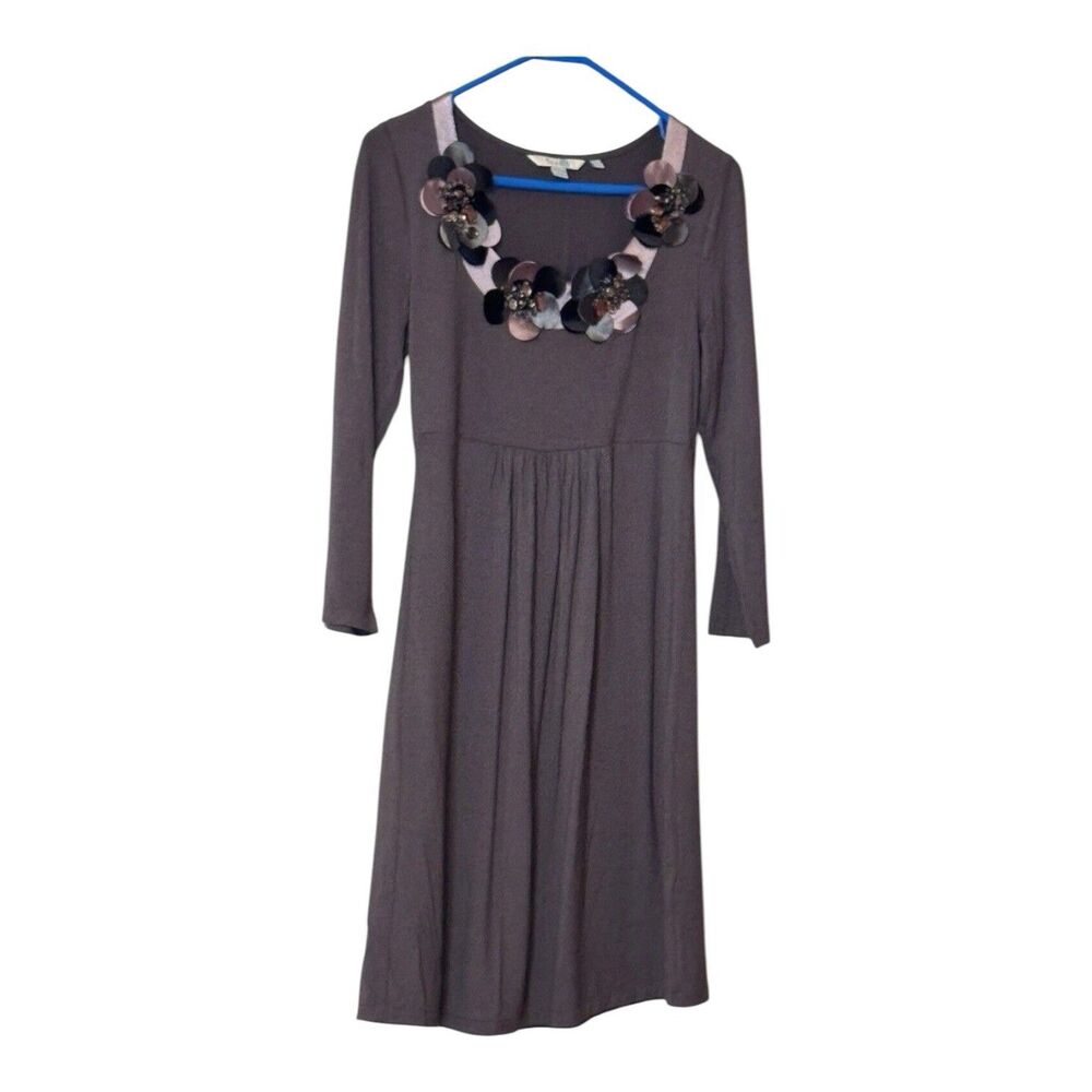 Boden Women's Floral Applique Jersey Dress Size 4 Gray Scoop Neck Fit Flare